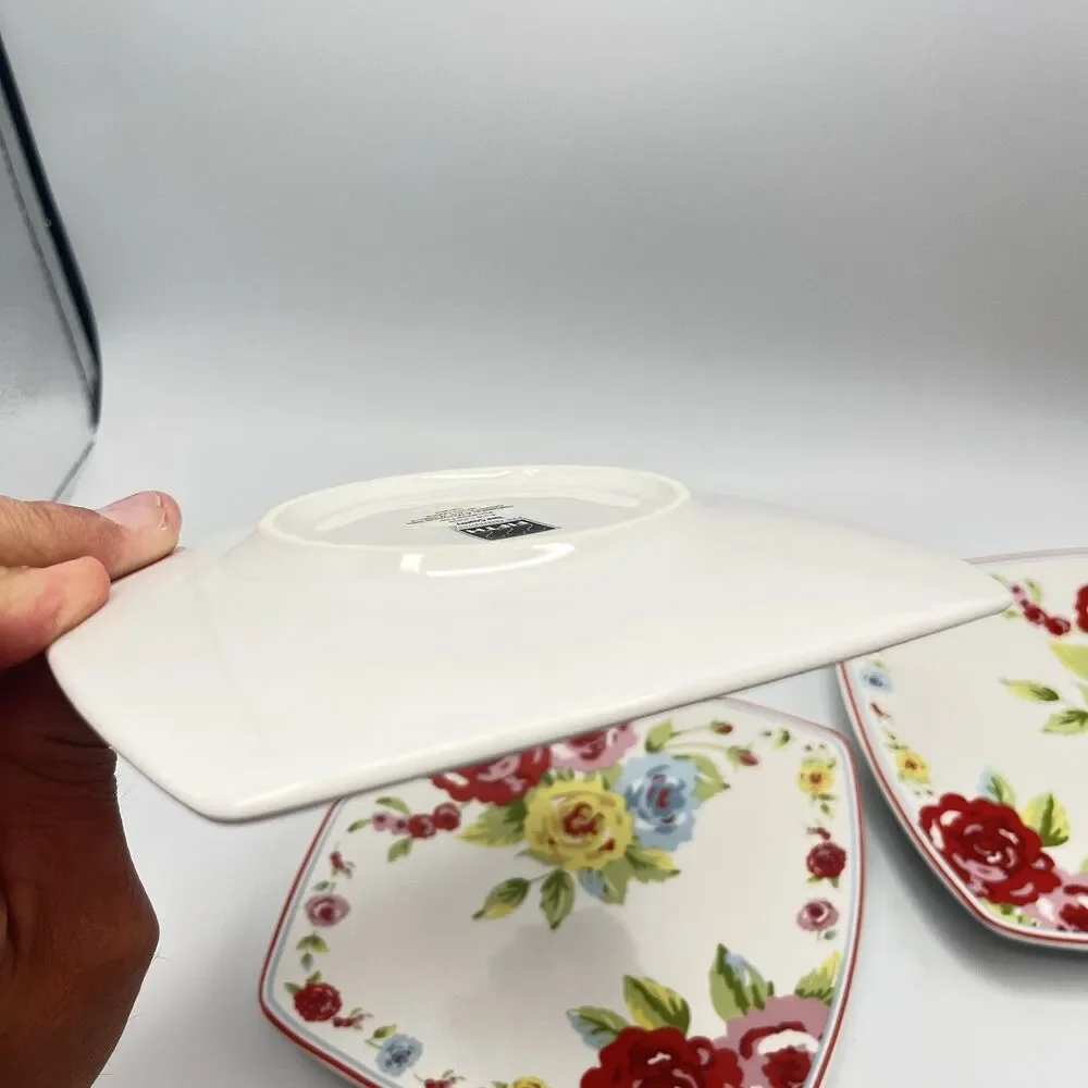 Shabby Chic Roses Small 6” Plates Square Appetizer Set of 3 Country Cottage